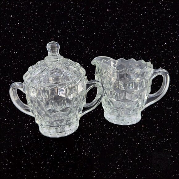 Vintage Fostoria American Glass Cubist Cream and Sugar Set 2 Clear Crystal VTG - Picture 1 of 14